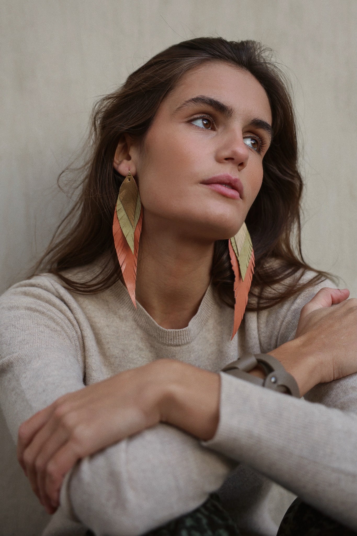 Pendiente Pluma Grande Melocotón